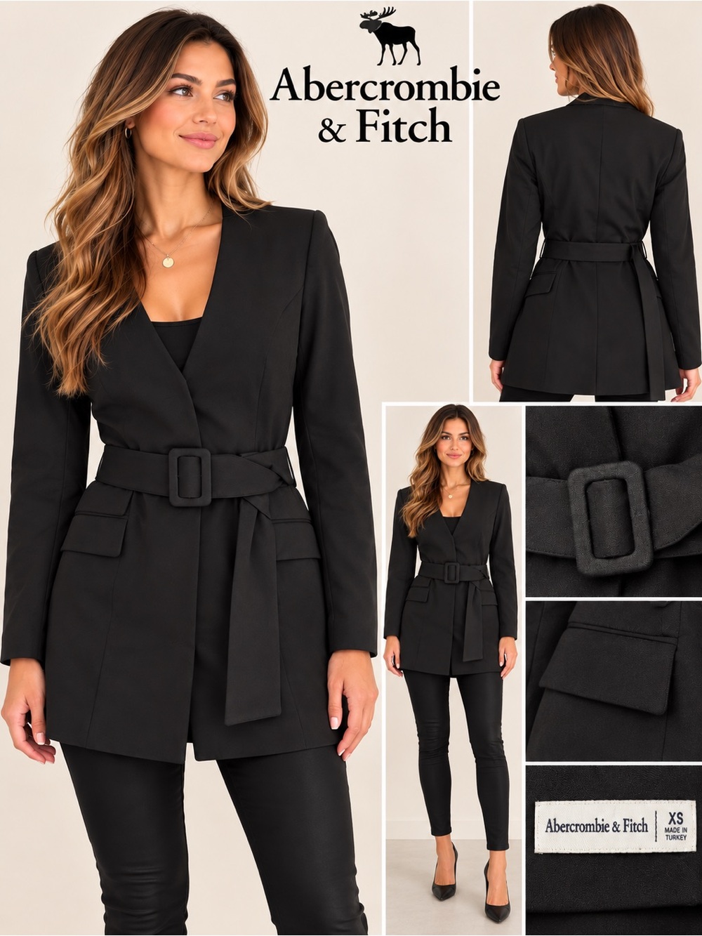 Abercrombie & Fitch Black Belted Blazer Jacket XS Long Sleeve Tailored